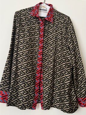 Versace La Greca Silk Shirt Contrast Trim Medusa NFC Black Red Size 44 Authentic